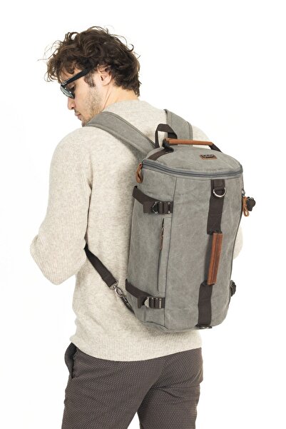 Necati Çanta Сірий канвасовий матеріал - багатомісний циліндричний рюкзак, сумка через плече та сумка через плече