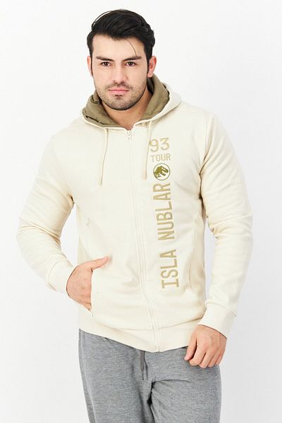 DIFUZED Men Hooded Long Sleeve Embroidered Sweatshirt, Beige