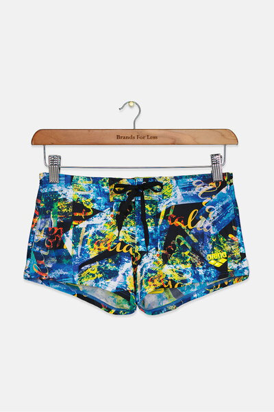 ARENA Women Allover Print Drawstring Beachwear Shorts, Blue and Black Combo