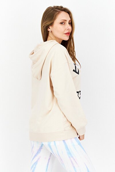 PEANUTS Women Oversized Fit Hooded Long Sleeve Graphic Print Sweatshirt, Beige