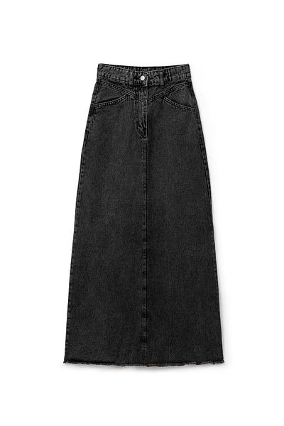 praye Dark Smoked Long Tasseled Denim Skirt