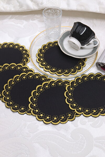 vipceyiz Set de 6 servetele de prezentare rotunde cu model geometric negru