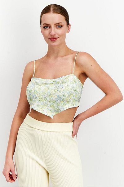 Reclaimed Vintage Women Square Neckline Sleeveless Floral Print Crop Top, Lime