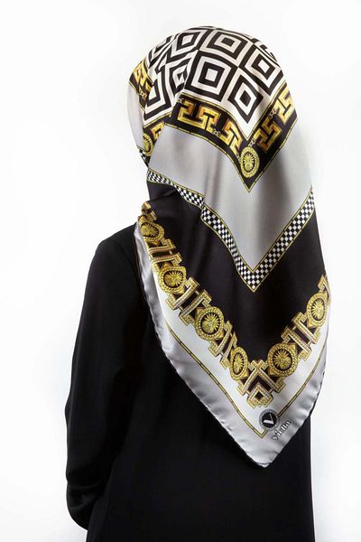 VİOLLA Ασημί χρώμα Twill ριγέ μπαρόκ μοτίβο 90x90 κασκόλ - Χωρίς μετάξι