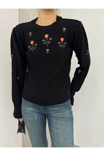 Modamorfo Shoulder Pleated Embroidered Knitwear Sweater - Black