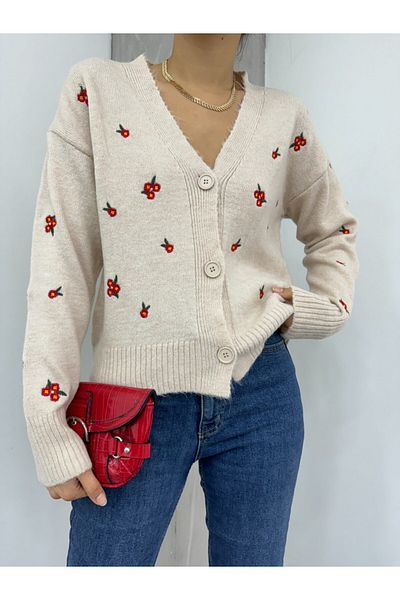 Modamorfo Spread Floral Embroidered Knitwear Cardigan -Cream