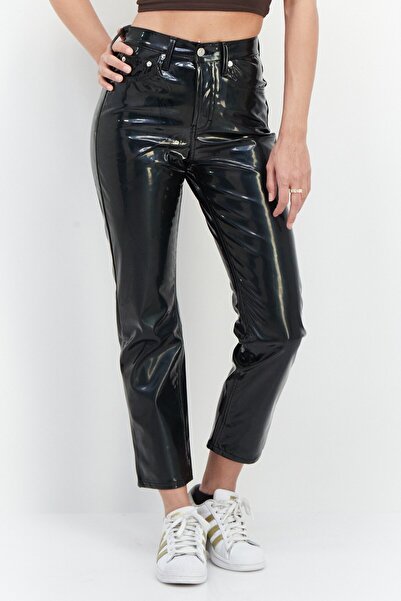 TopShop Women Regular Fit Textured Vinyl Pants, Black