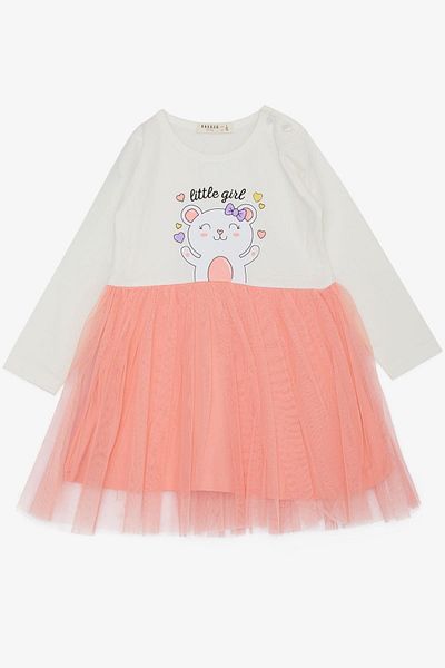 Breeze Girl's Long Sleeve Dress Little Girls Love Themed Happy Teddy Bear Printed Tulle 1-4 Years, Ekr