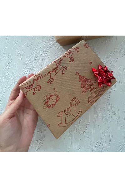eylülün etiket fabrikası Christmas Themed Red Printed Kraft Paper - 70-50 Cm., 10 Pieces