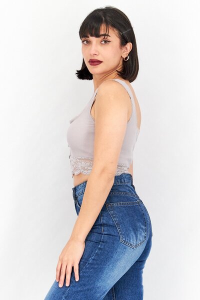 Skylar Rose Women Square Neck Sleeveless Ribbed Crop Top, Grey