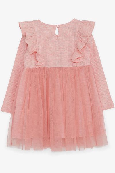 Breeze Baby Girl Long Sleeve Dress Ruffle Shoulder Tulle 9 Months-3 Years, Salmon Melange