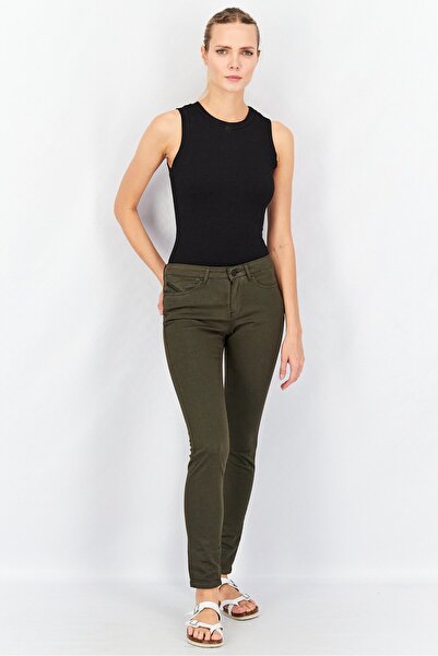 ONE STEP Women Slim Fit Plain Four Pocket Pants, Dark Green