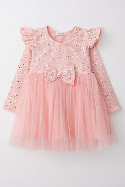 Breeze Langärmliges Tüllkleid Mit Blumenmuster Für 1,5–5 Jahre Alte Mädchen – Lachsfarben