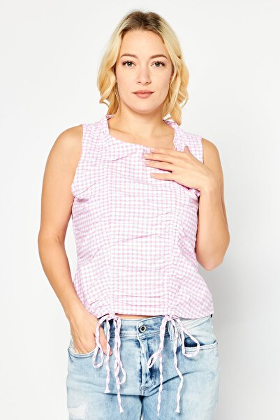 PIECES Women Round Neck Sleeveless Gingham Pattern Top, White