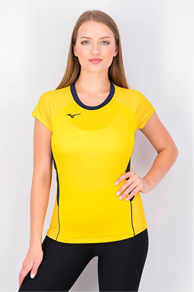 MIZUNO تي شيرت رياضي نسائي بأكمام قصيرة وطبعة جرافيكية، أصفر