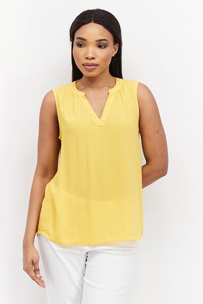 ZERO Women Split Neck Sleeveless Textured Top, Mustard