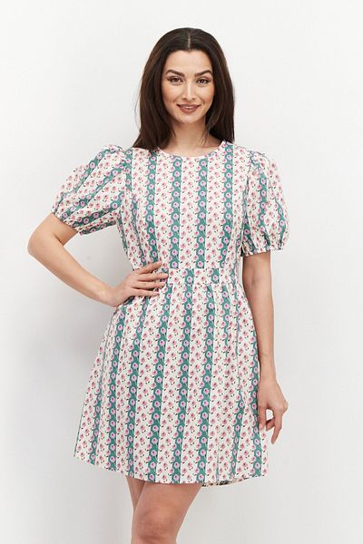 VILA Women Floral Pattern Puffed Sleeve Mini Dress, Off White