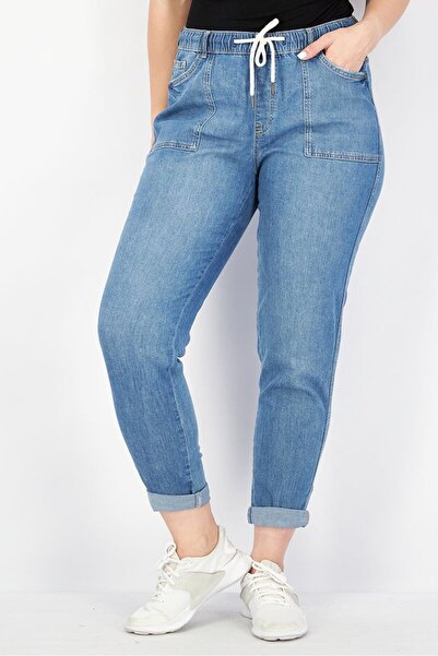 edc Women Stretchable Drawstring Denim Jeans, Washed Blue