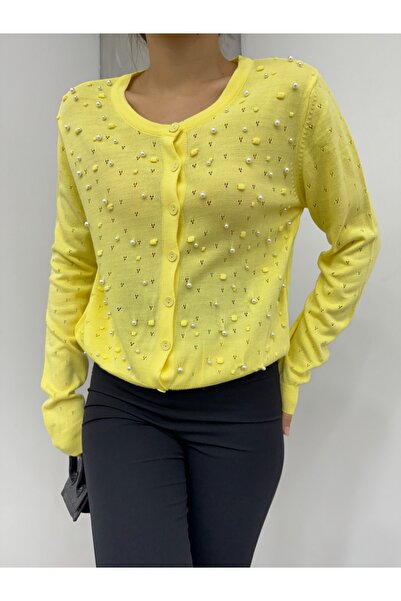 Modamorfo Pearl Pompom Knitwear Cardigan - Yellow