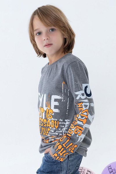 Breeze 9-14 Years Old Boy T-Shirt - Long Sleeve, Colorful Text Printed, Dark Gray Melange