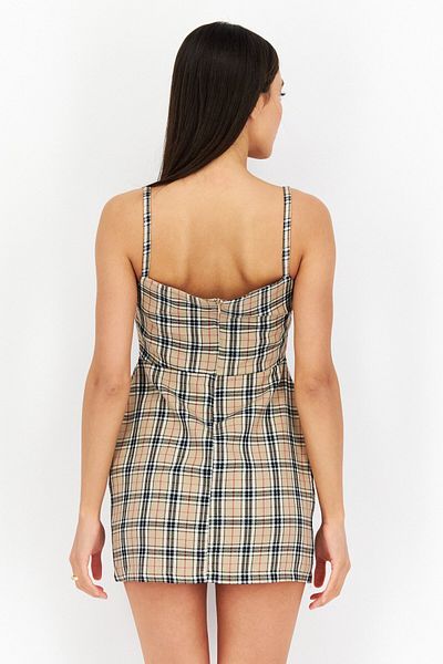 BOOHOO Women Petite Square Neck Sleeveless Checkered Mini Dress, Beige