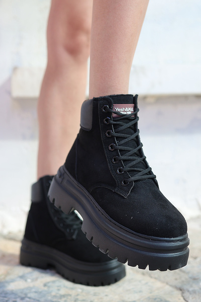 Lizzu Herrie Μαύρα Γυναικεία Flat Μποτάκια - Lace Up