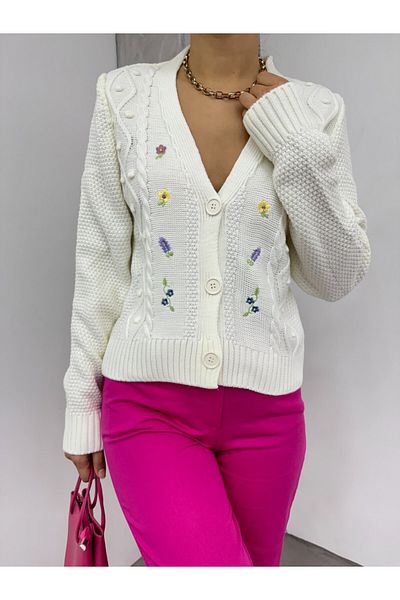 Modamorfo Pompom-Strickjacke mit Blumenstickerei – ecru