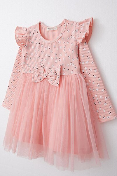 Breeze Kız Çocuk Uzun Kollu Elbise Çiçekli Fiyonklu Tüllü 1.5-5 Yaş, Somon