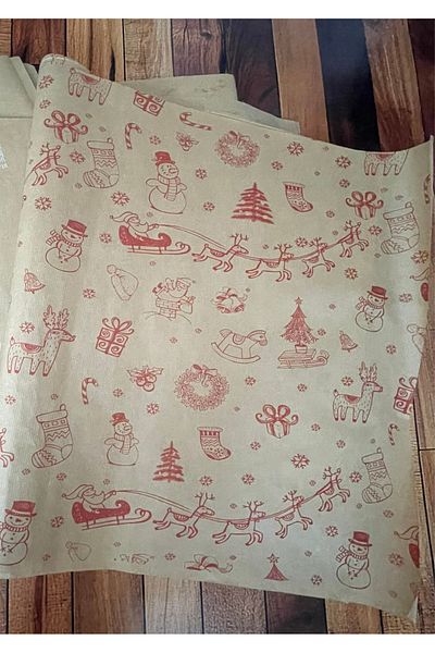 eylülün etiket fabrikası Christmas Themed Red Printed Kraft Paper - 70-50 Cm., 10 Pieces