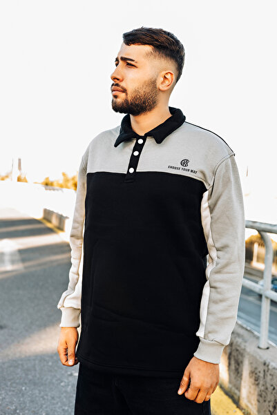 Unisex Siyah Çift Renk Polo Yaka Swetshirt