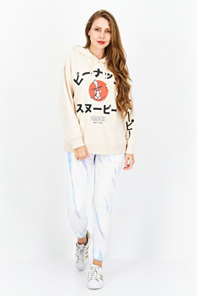 PEANUTS Women Oversized Fit Hooded Long Sleeve Graphic Print Sweatshirt, Beige