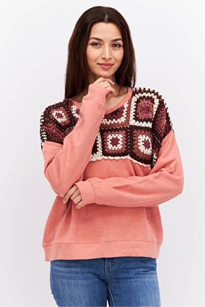 LUCKY BRAND سويت شيرت كروشيه بأكمام طويلة ورقبة دائرية للنساء، لون الخوخ الداكن