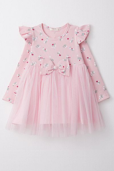 Breeze Pink Girl's Dress - Long Sleeve, Floral Bow, Tulle, 1.5-5 Years