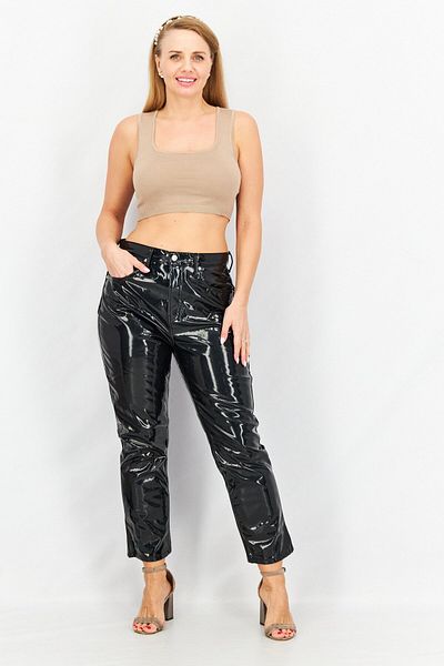 TopShop Women Regular Fit Textured Vinyl Pants, Black