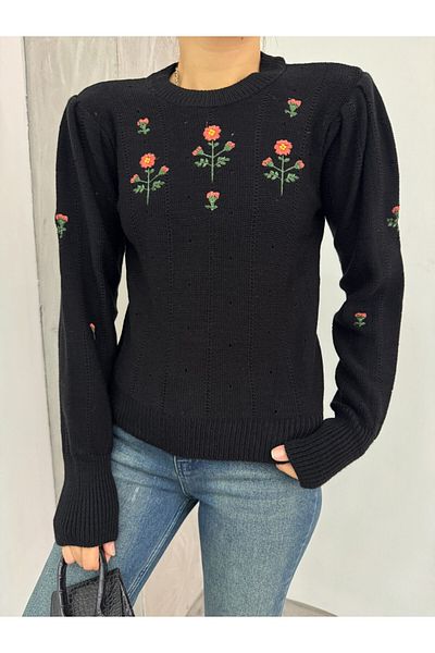 Modamorfo Shoulder Pleated Embroidered Knitwear Sweater - Black