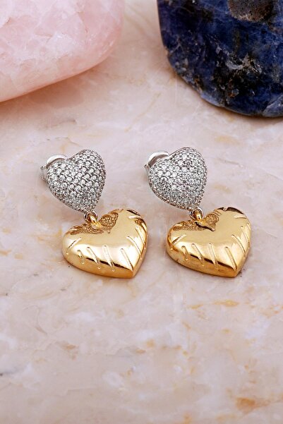 Sümer Telkari Çift Kalp Tasarım Altın Kaplama Gümüş Küpe 7114