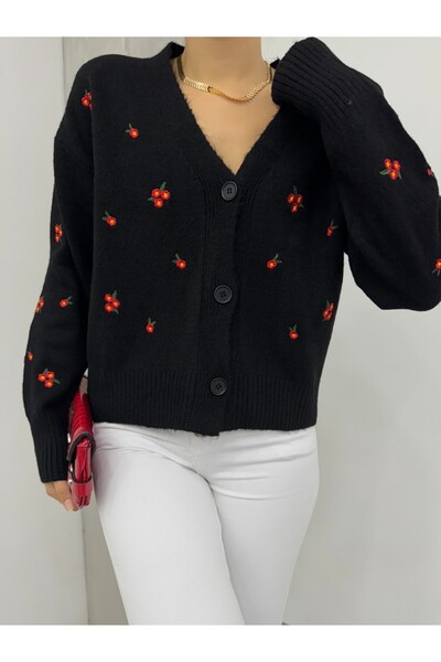 Modamorfo Spread Floral Embroidered Knitwear Cardigan - Black