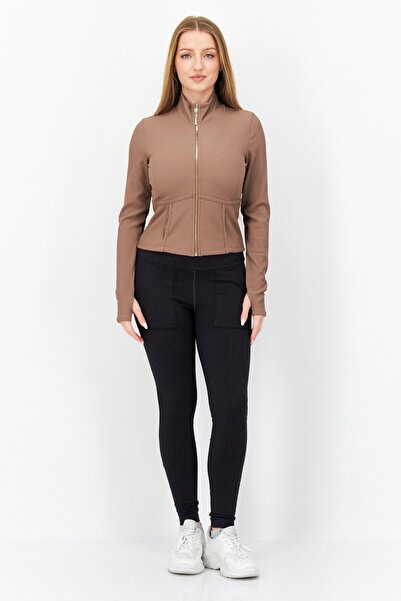 JASON WU Women Mid Collar Ribbed Full Zip Sweatshirt, Brown