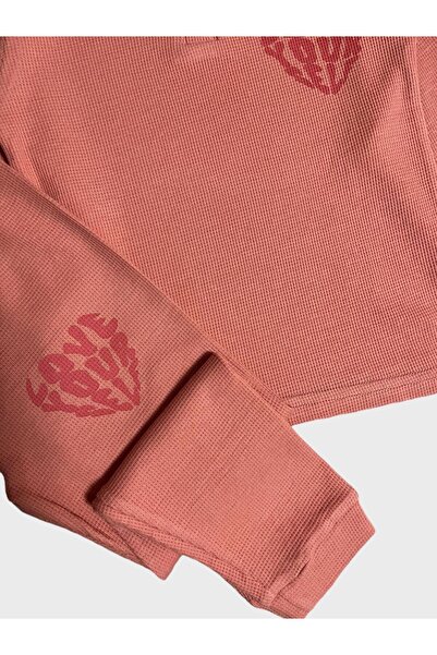 elmas kids Дівчачий бавовняний вафельний комплект піжами з довгими рукавами, оранжевий, з малюнком «Love»