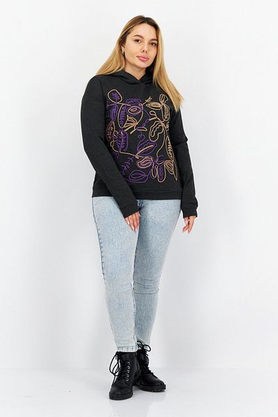comma Women Hooded Long Sleeves Embroidered Sweatshirts, Black