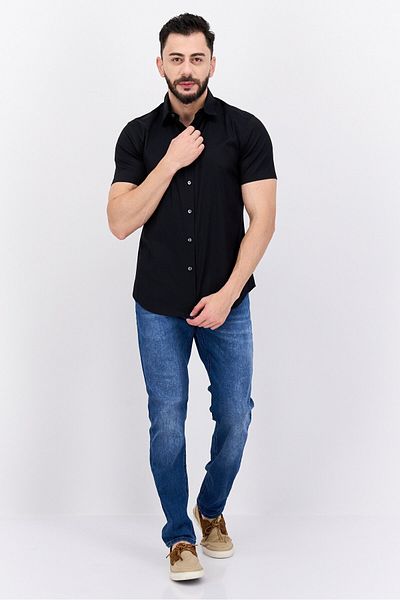 THEORY Men Tailored Fit Short Sleeves Plain Casual Shirt, Black
