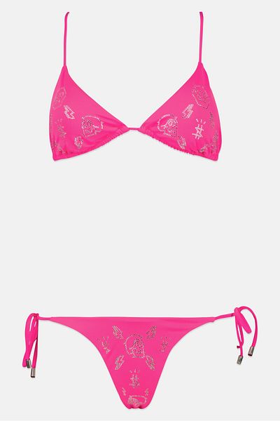 PHILIPP PLEIN Women 2 Pieces Embellished Padded Bikini Top And Bottom Set, Pink