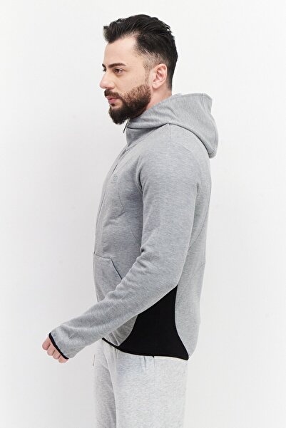 BUGATTI سويت شيرت رجالي بغطاء رأس وأكمام طويلة وشعار العلامة التجارية، رمادي