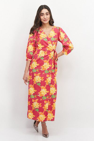 VILA Women Allover Print Midi Dress, Pink Combo
