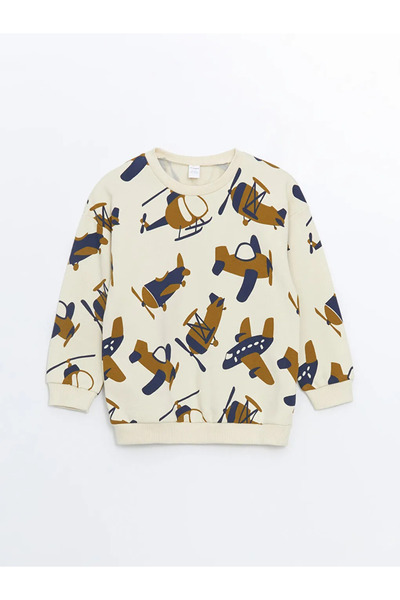 LC Waikiki Lcw Kids Light Beige Printed Crew Neck Long Sleeve Sweatshirt and Sweatpants Set for Baby Boy - Set of 2