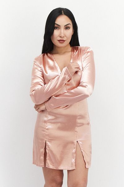 BOOHOO Women Satin Double Split Hem Button Up Mini Dress, Blush