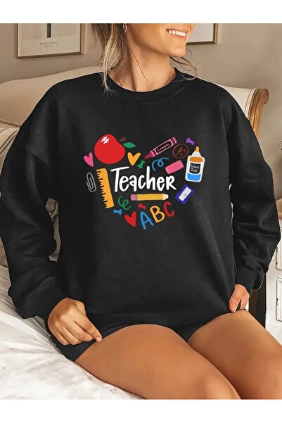 WOODROFFE سويت شيرت أسود كبير الحجم برقبة دائرية مطبوع عليه يوم المعلم في 24 نوفمبر