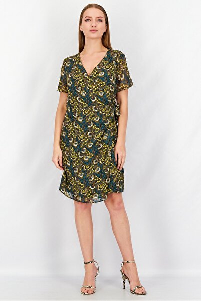 ONE STEP Women Floral Short Sleeve Midi Wrap Dress, Dark Green Combo