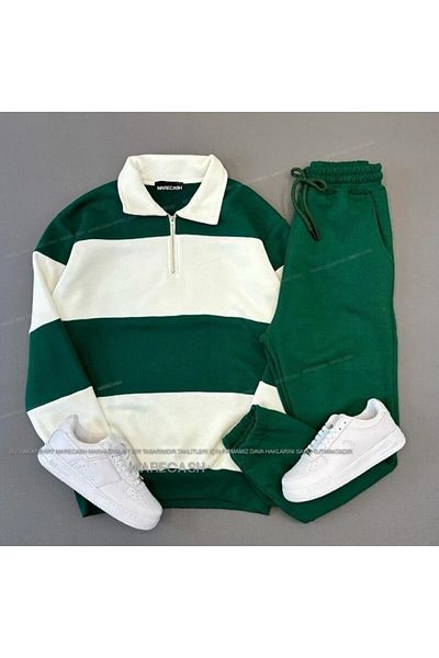 MARECASH Green and White Polo Neck Zippered Tracksuit Set - 3 Thread Winter