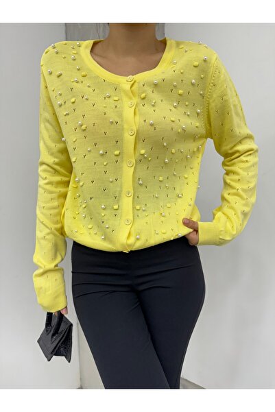 Modamorfo Pearl Pompom Knitwear Cardigan - Yellow